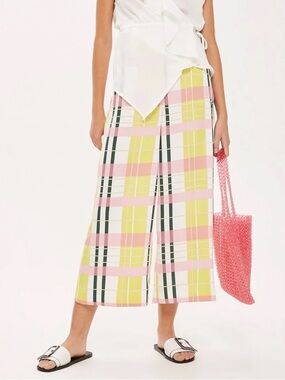 Topshop / 8 / Pink Yellow Green Plaid Wide Leg Flowy Pants Maximalist Preppy